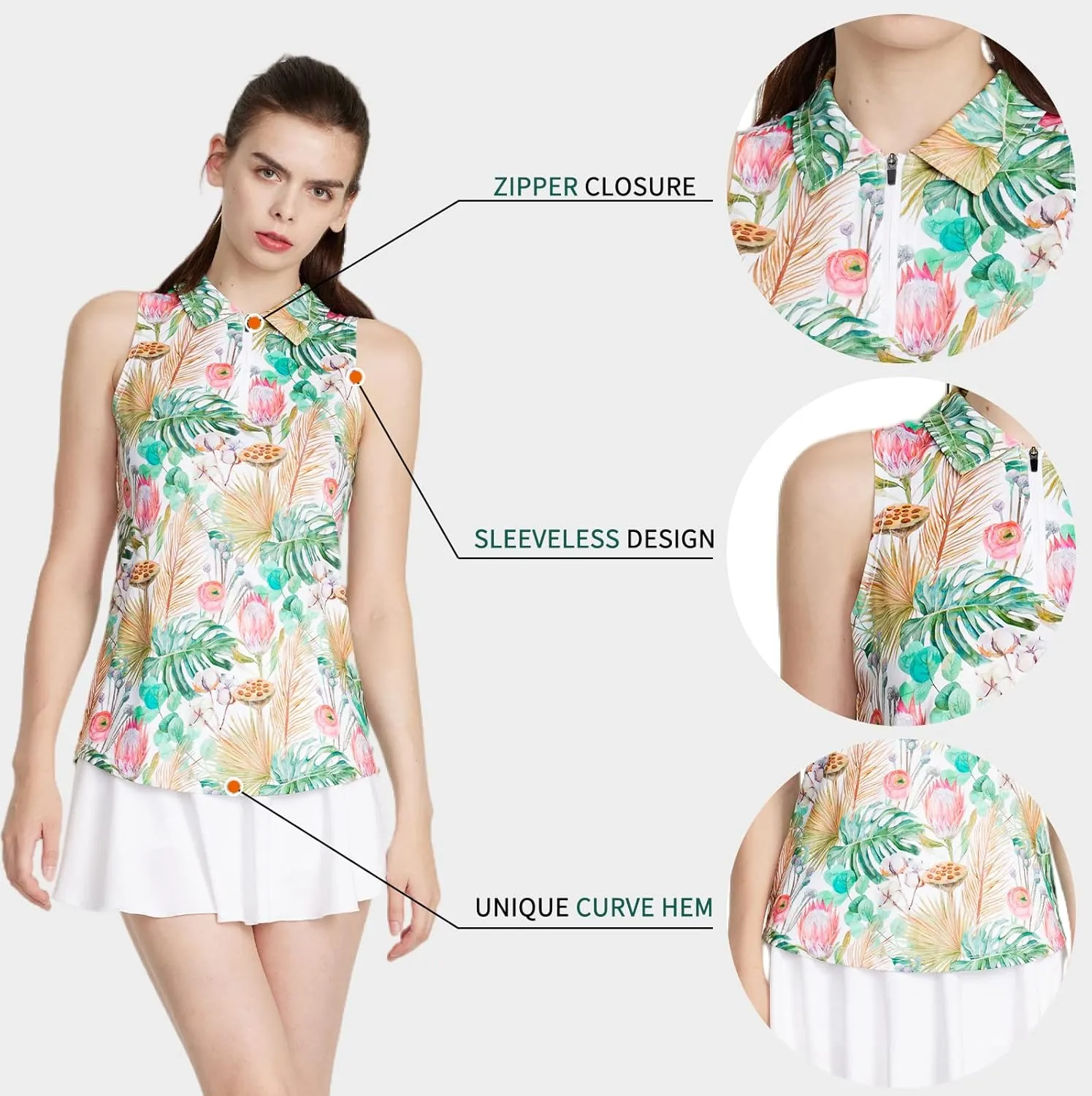 CQC Women's Sleeveless Golf Shirts Quick Dry Floral Athletic Polo with Collar Zip Up Lightweight Tennis Tank Tops