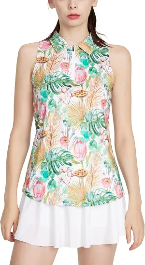 CQC Women's Sleeveless Golf Shirts Quick Dry Floral Athletic Polo with Collar Zip Up Lightweight Tennis Tank Tops