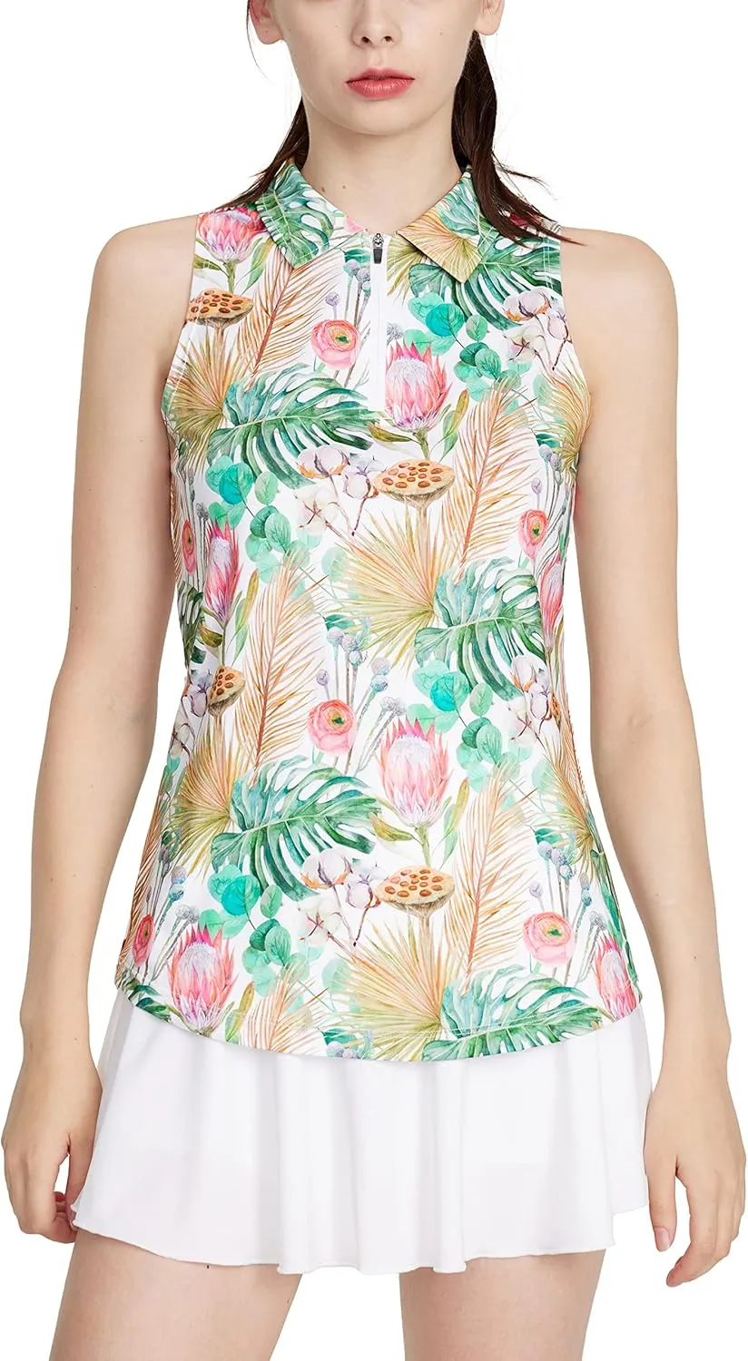 CQC Women's Sleeveless Golf Shirts Quick Dry Floral Athletic Polo with Collar Zip Up Lightweight Tennis Tank Tops