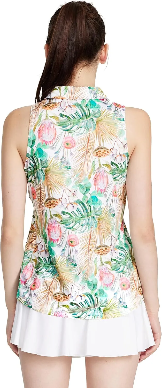 CQC Women's Sleeveless Golf Shirts Quick Dry Floral Athletic Polo with Collar Zip Up Lightweight Tennis Tank Tops