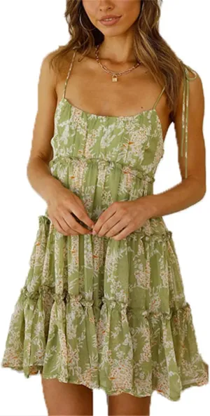 crazynekos Women's Spaghetti Strap Dresses Scoop Neck Bow Backless Sleeveless Elastic Waist Ruffle Hem A-Line Casual Mini Dress (Green Floral,XXL,XX-Large,Regular,Regular)