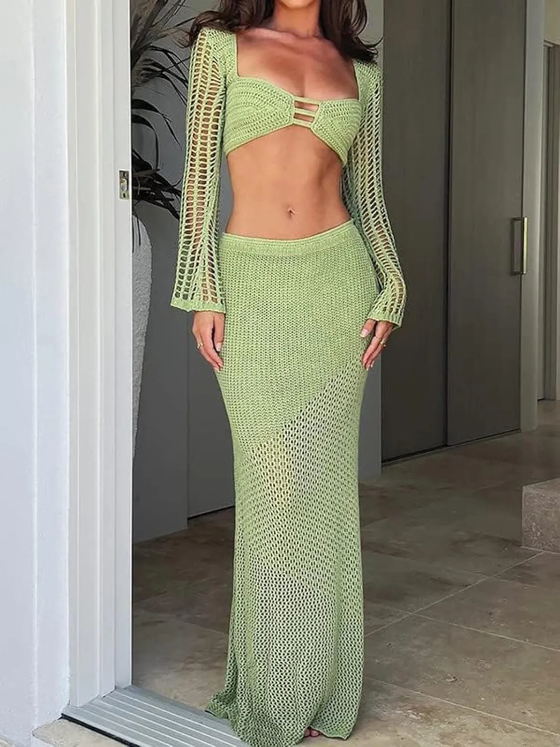 Crochet Knit 2 Piece Skirt Sets for Women Summer Hollow Out Crop Top Bodycon High Waist Maxi Skirt Sets Beach Dress