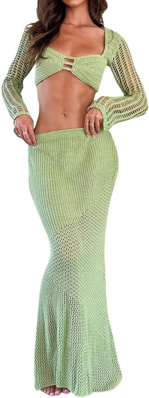 Crochet Knit 2 Piece Skirt Sets for Women Summer Hollow Out Crop Top Bodycon High Waist Maxi Skirt Sets Beach Dress