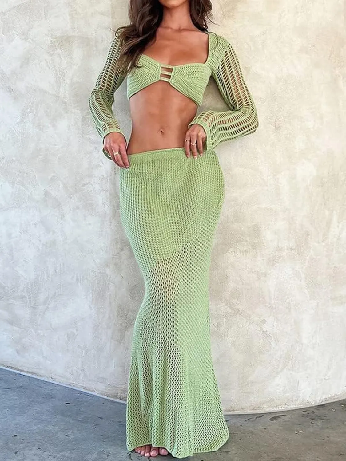 Crochet Knit 2 Piece Skirt Sets for Women Summer Hollow Out Crop Top Bodycon High Waist Maxi Skirt Sets Beach Dress