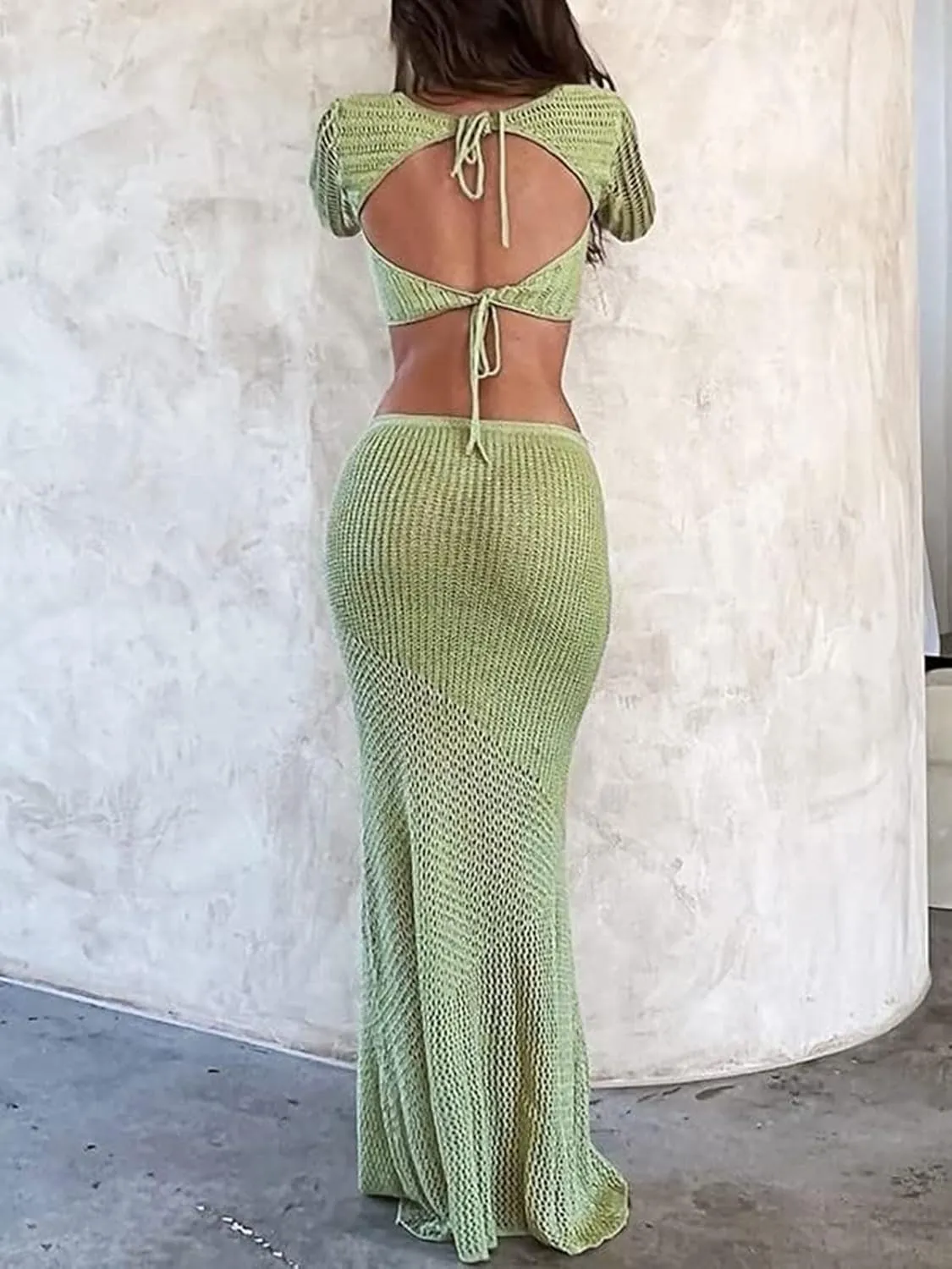 Crochet Knit 2 Piece Skirt Sets for Women Summer Hollow Out Crop Top Bodycon High Waist Maxi Skirt Sets Beach Dress