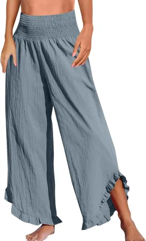 Cropped Linen Wide Leg Pants Woman Flowy High Waisted Palazzo Beach Pants Ladies Summer Trousers with Pockets