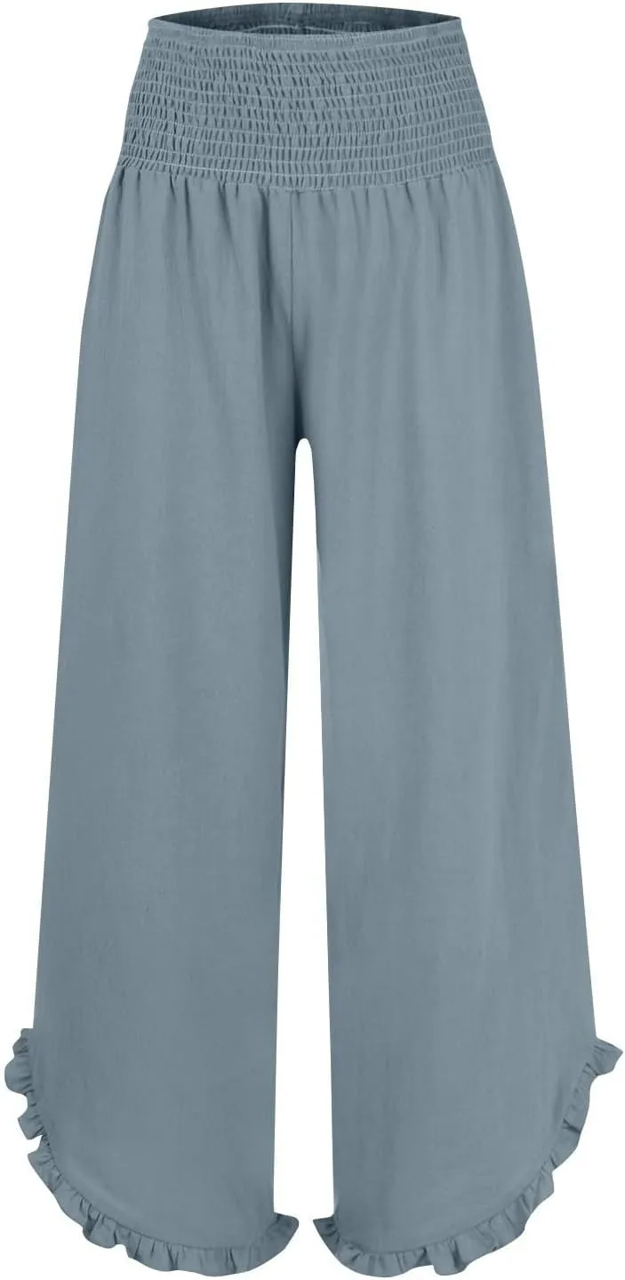Cropped Linen Wide Leg Pants Woman Flowy High Waisted Palazzo Beach Pants Ladies Summer Trousers with Pockets