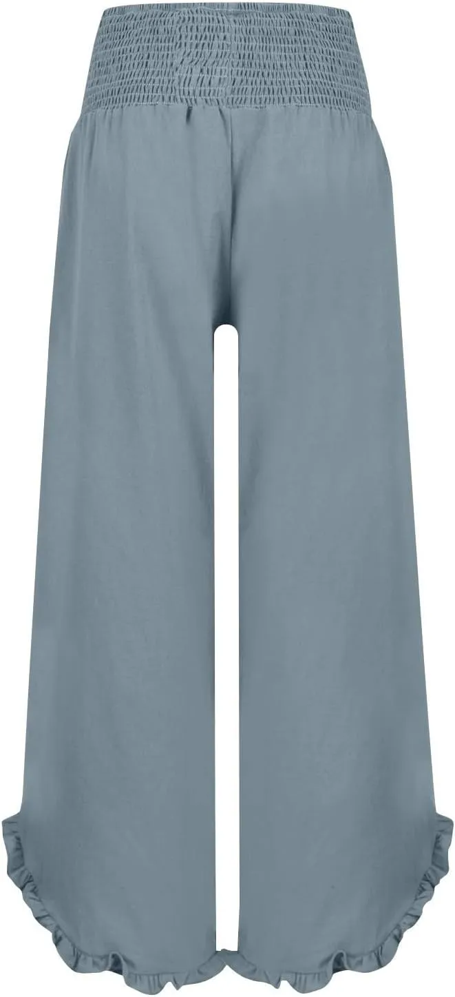 Cropped Linen Wide Leg Pants Woman Flowy High Waisted Palazzo Beach Pants Ladies Summer Trousers with Pockets