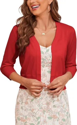 CUNYI Women's 3/4 Sleeve Cropped Cardigan Sweater Open Front Elegant Shrugs for Women