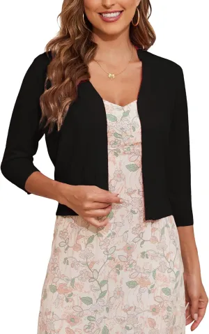CUNYI Women's 3/4 Sleeve Cropped Cardigan Sweater Open Front Elegant Shrugs for Women