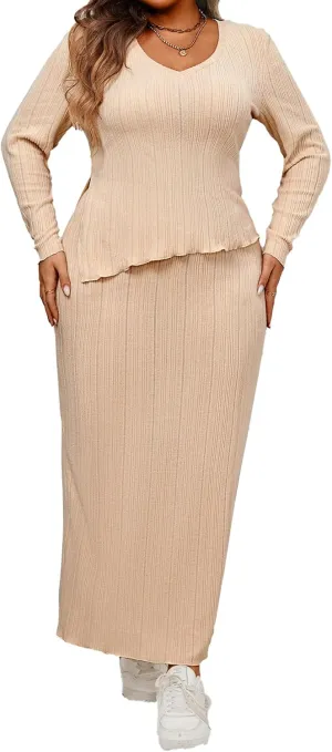 CXXQ Women's Plus Size 2 Piece Outfits Sweater Skirt Sets Long Sleeve Asymmetrial Ribbed Knit Tops Midi Dress 2024 Fall