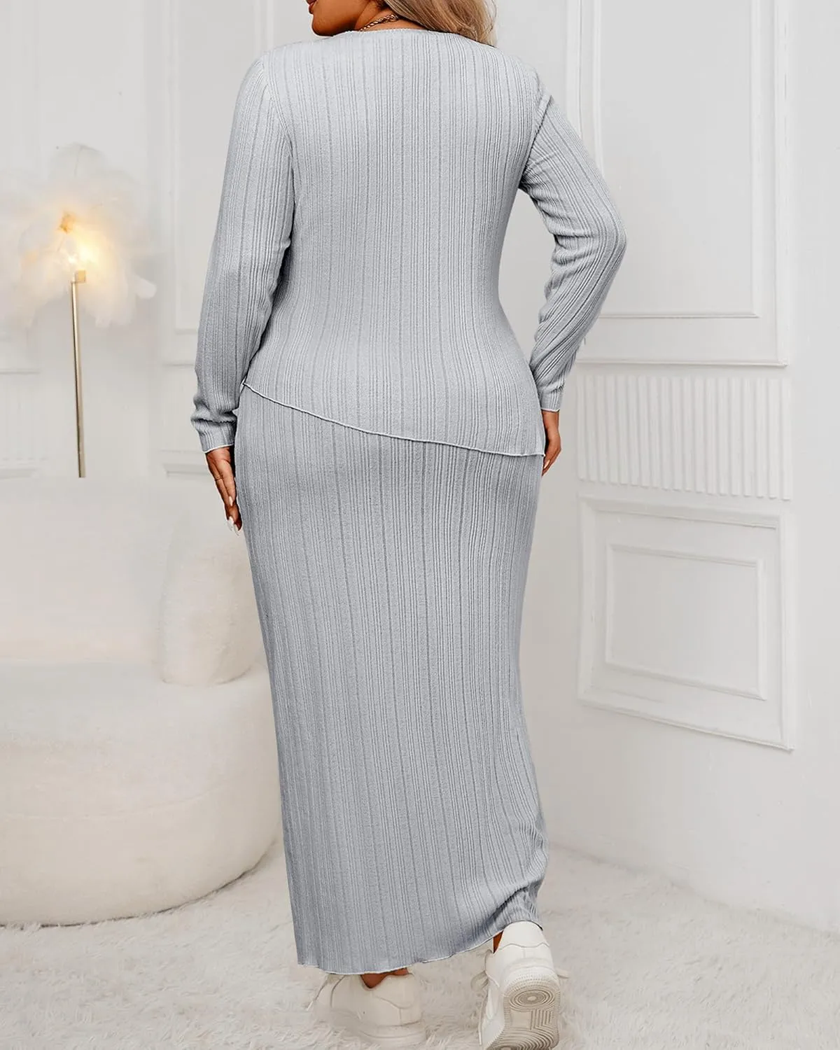 CXXQ Women's Plus Size 2 Piece Outfits Sweater Skirt Sets Long Sleeve Asymmetrial Ribbed Knit Tops Midi Dress 2024 Fall