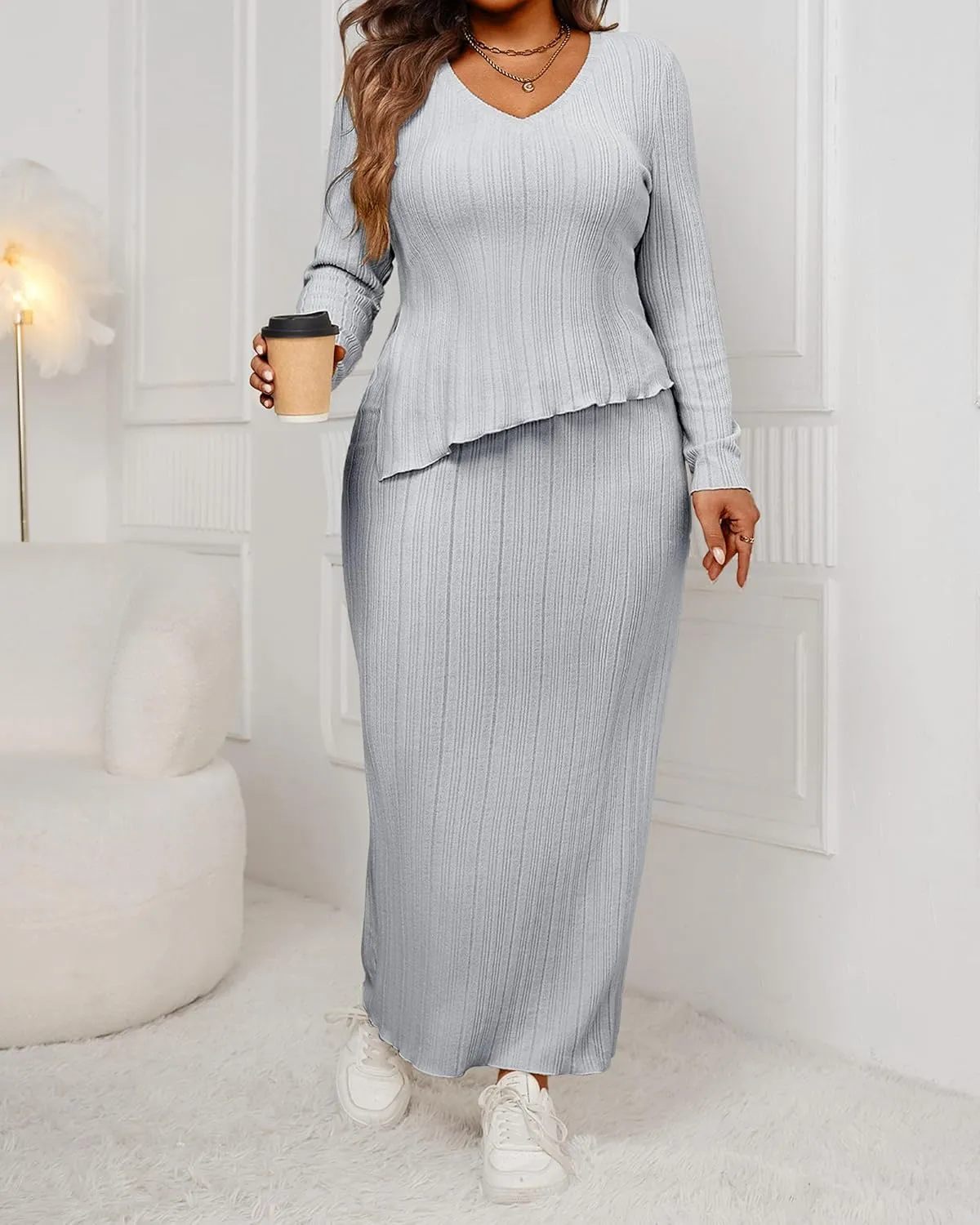 CXXQ Women's Plus Size 2 Piece Outfits Sweater Skirt Sets Long Sleeve Asymmetrial Ribbed Knit Tops Midi Dress 2024 Fall