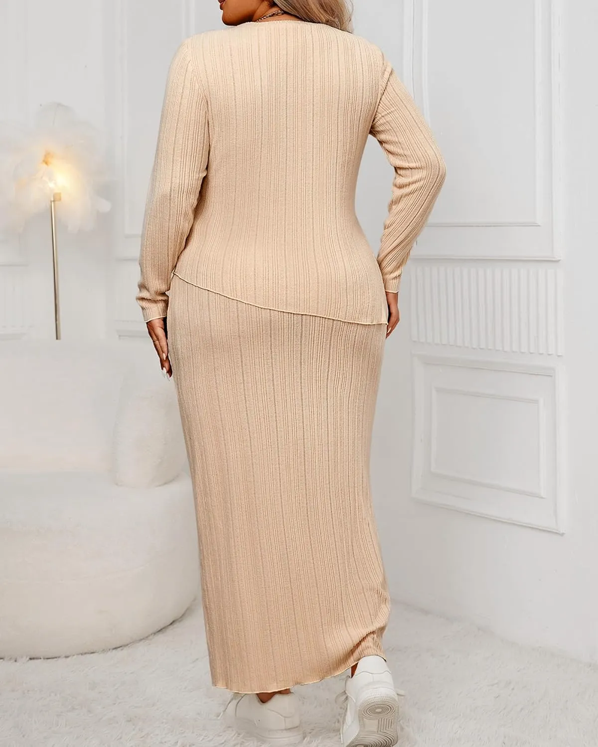 CXXQ Women's Plus Size 2 Piece Outfits Sweater Skirt Sets Long Sleeve Asymmetrial Ribbed Knit Tops Midi Dress 2024 Fall