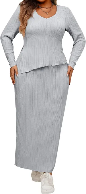 CXXQ Women's Plus Size 2 Piece Outfits Sweater Skirt Sets Long Sleeve Asymmetrial Ribbed Knit Tops Midi Dress 2024 Fall