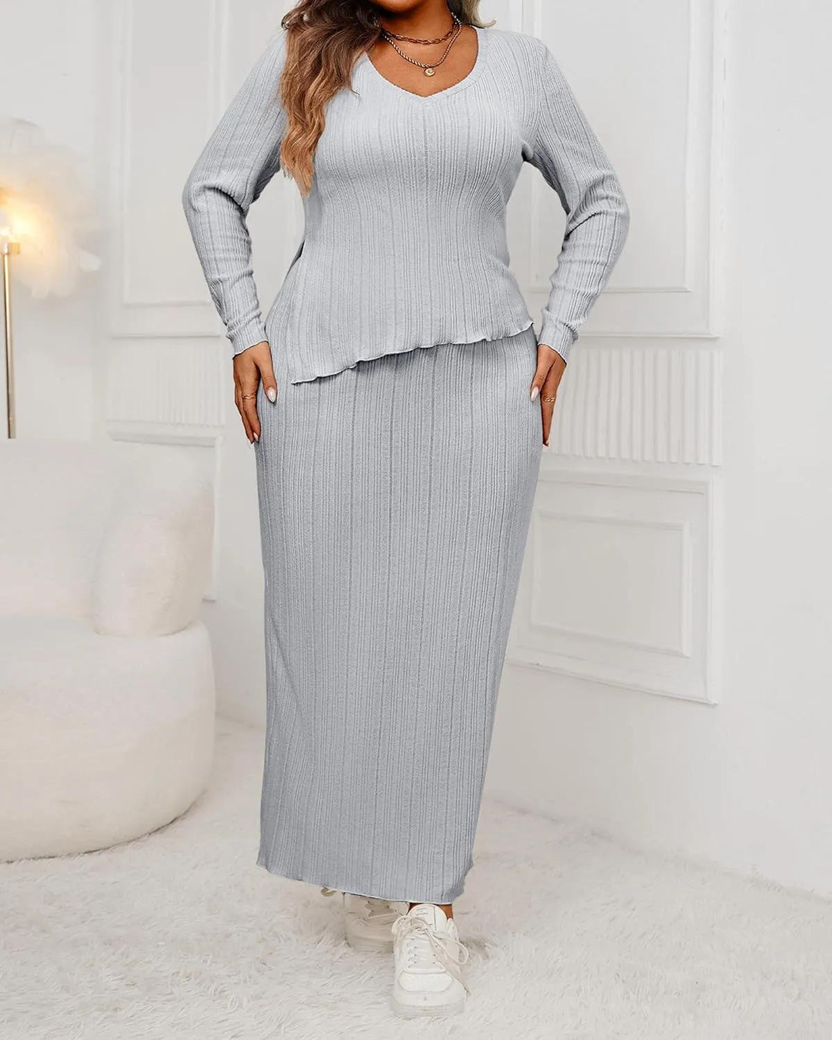 CXXQ Women's Plus Size 2 Piece Outfits Sweater Skirt Sets Long Sleeve Asymmetrial Ribbed Knit Tops Midi Dress 2024 Fall