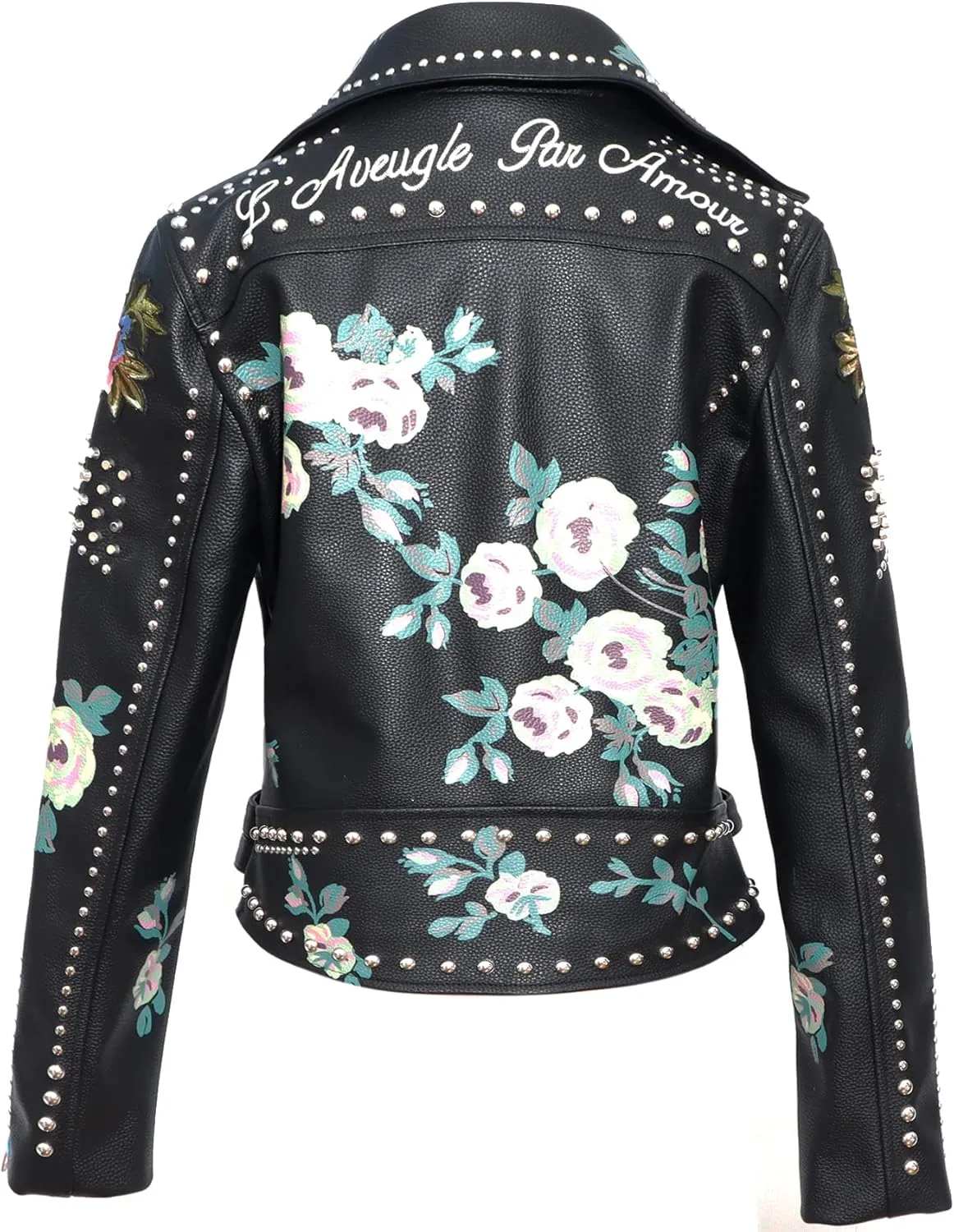 DARKSHE Women's Faux Leather PU Jacket, Graffiti Studded Rivet Punk Biker Moto Fashion Coat with Long Sleeve