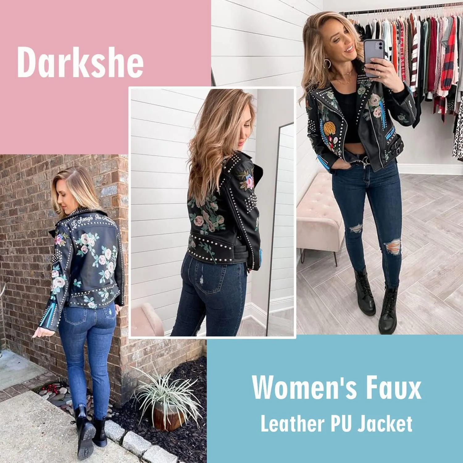 DARKSHE Women's Faux Leather PU Jacket, Graffiti Studded Rivet Punk Biker Moto Fashion Coat with Long Sleeve