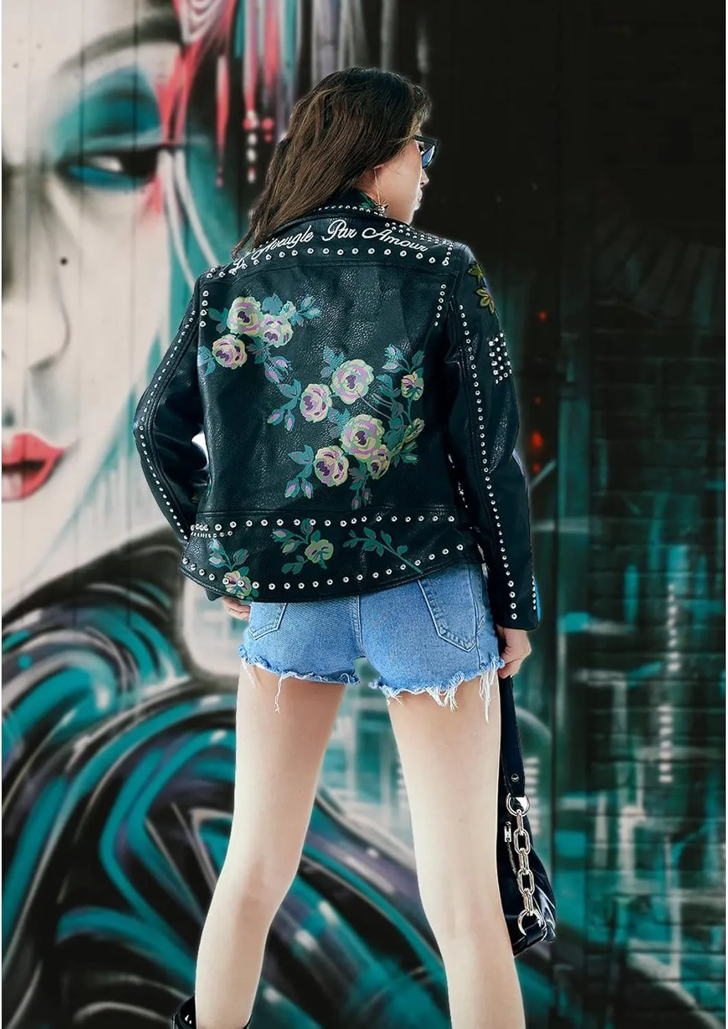 DARKSHE Women's Faux Leather PU Jacket, Graffiti Studded Rivet Punk Biker Moto Fashion Coat with Long Sleeve