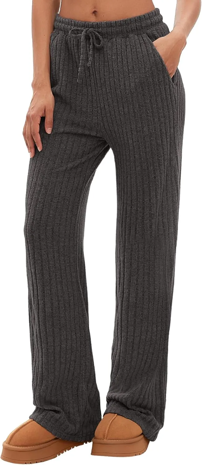 Darong Womens Ribbed Kint Wide Leg Lounge Pants Fall Comfy Drawstring Loose Trousers with Pockets
