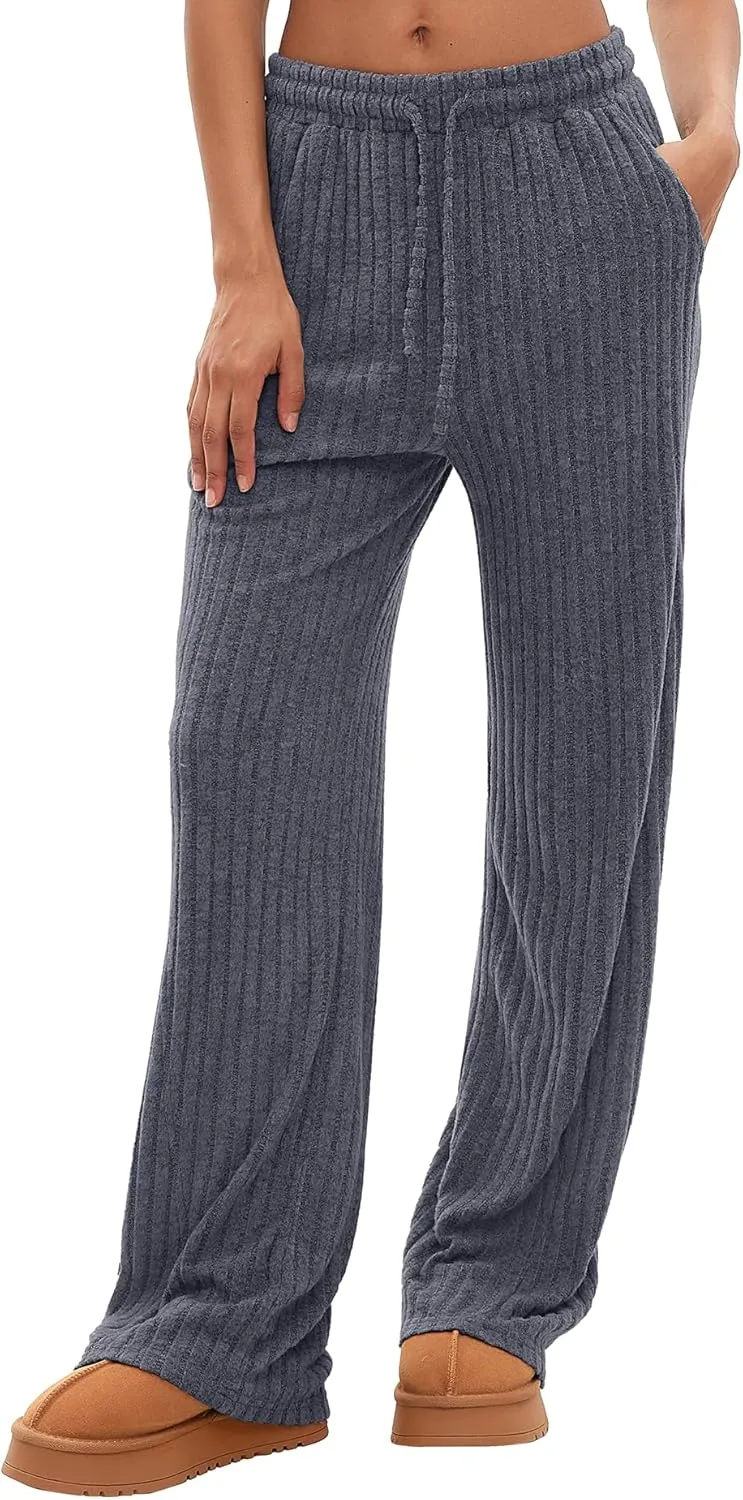 Darong Womens Ribbed Kint Wide Leg Lounge Pants Fall Comfy Drawstring Loose Trousers with Pockets