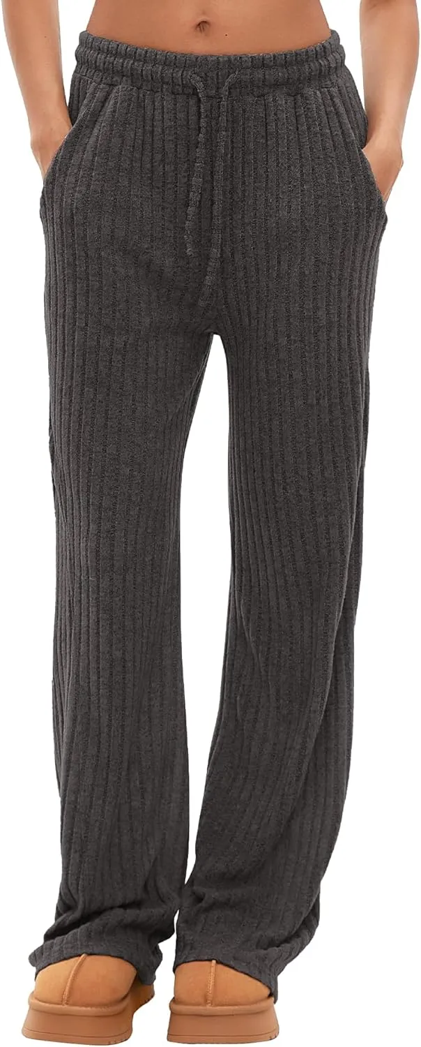 Darong Womens Ribbed Kint Wide Leg Lounge Pants Fall Comfy Drawstring Loose Trousers with Pockets