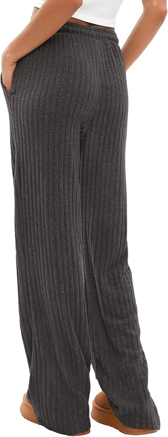 Darong Womens Ribbed Kint Wide Leg Lounge Pants Fall Comfy Drawstring Loose Trousers with Pockets