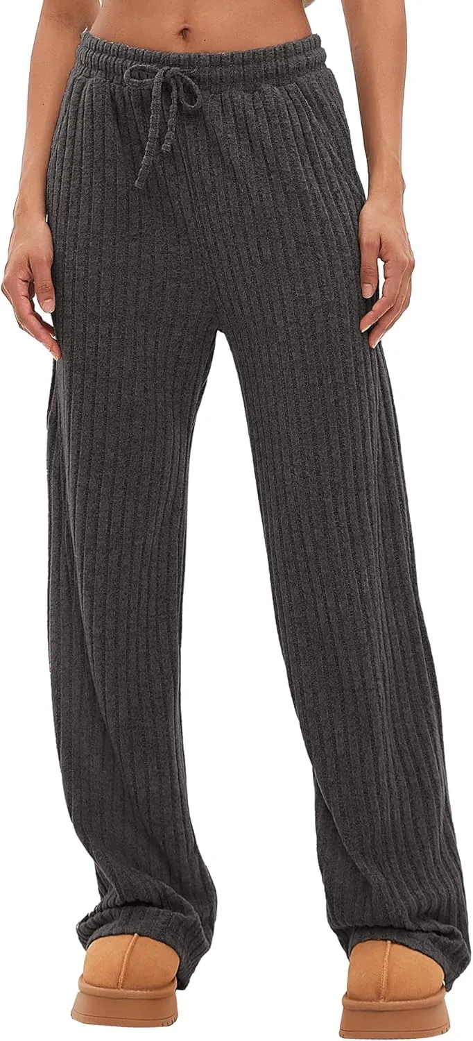 Darong Womens Ribbed Kint Wide Leg Lounge Pants Fall Comfy Drawstring Loose Trousers with Pockets