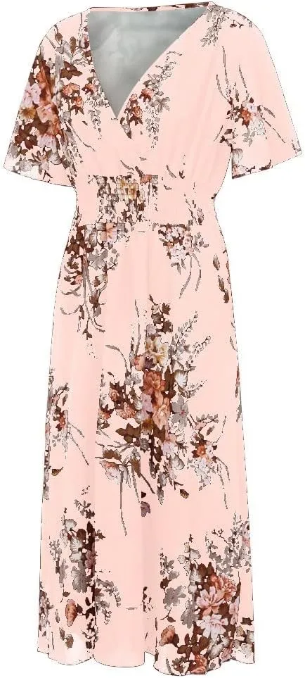 DASAYO Floral Dresses for Women Summer Casual Swing Chiffon Dress Short Sleeve Elastic Waist Wrap Plus Size Midi Sundress