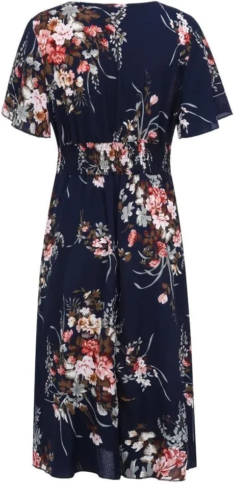 DASAYO Plus Size Dresses for Curvy Women Floral Maxi Dress Short Sleeve Wrap V Neck Ruffle Long Sundresses