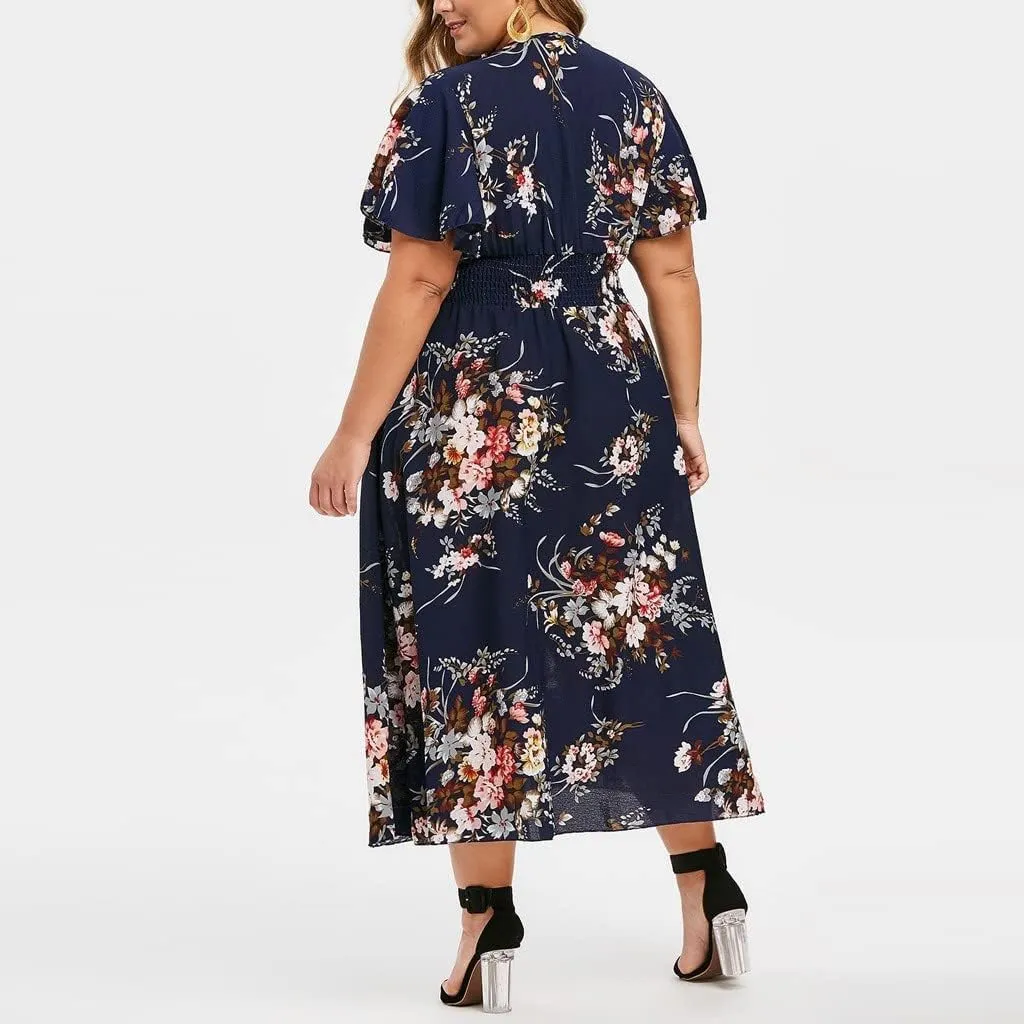DASAYO Plus Size Dresses for Curvy Women Floral Maxi Dress Short Sleeve Wrap V Neck Ruffle Long Sundresses
