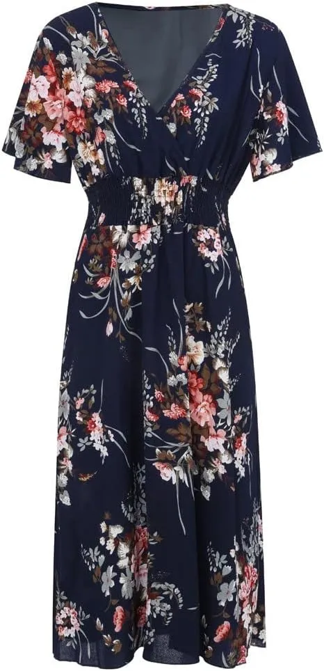 DASAYO Plus Size Dresses for Curvy Women Floral Maxi Dress Short Sleeve Wrap V Neck Ruffle Long Sundresses