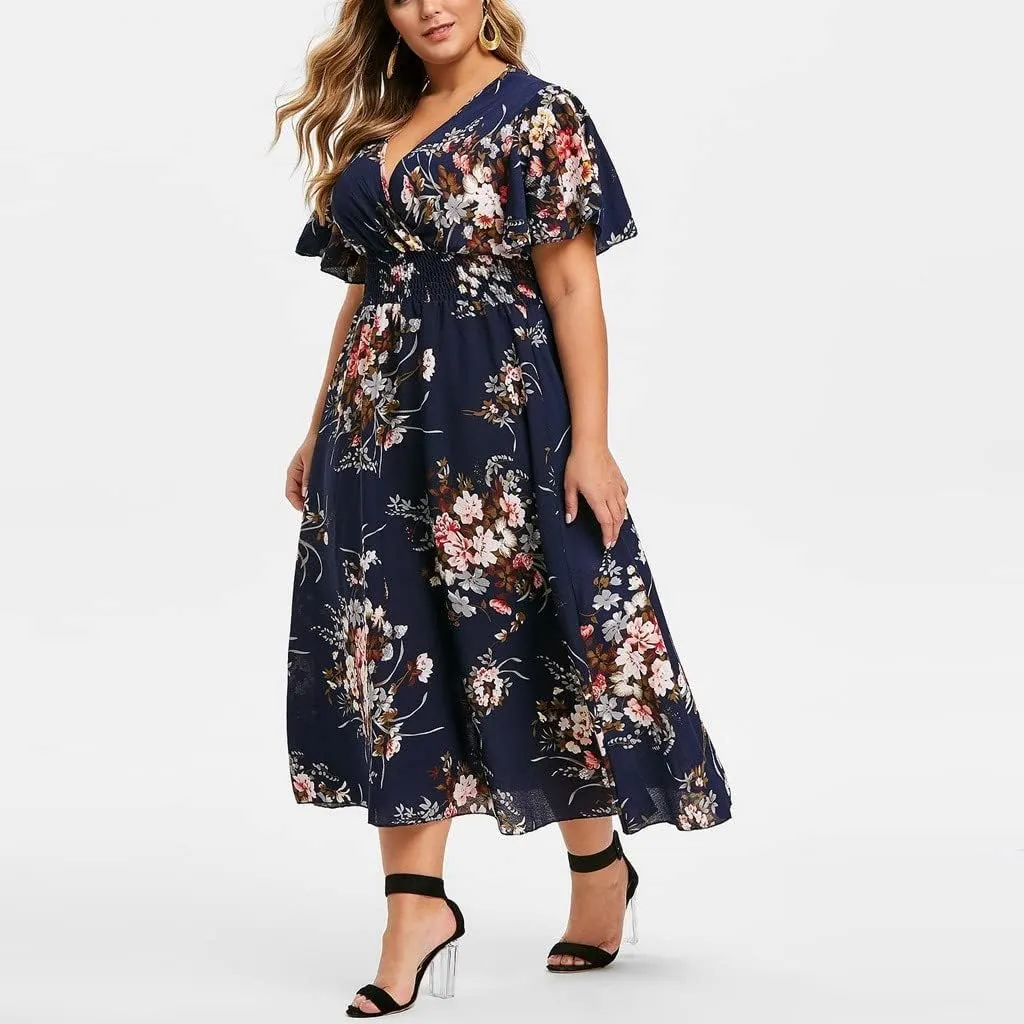 DASAYO Plus Size Dresses for Curvy Women Floral Maxi Dress Short Sleeve Wrap V Neck Ruffle Long Sundresses