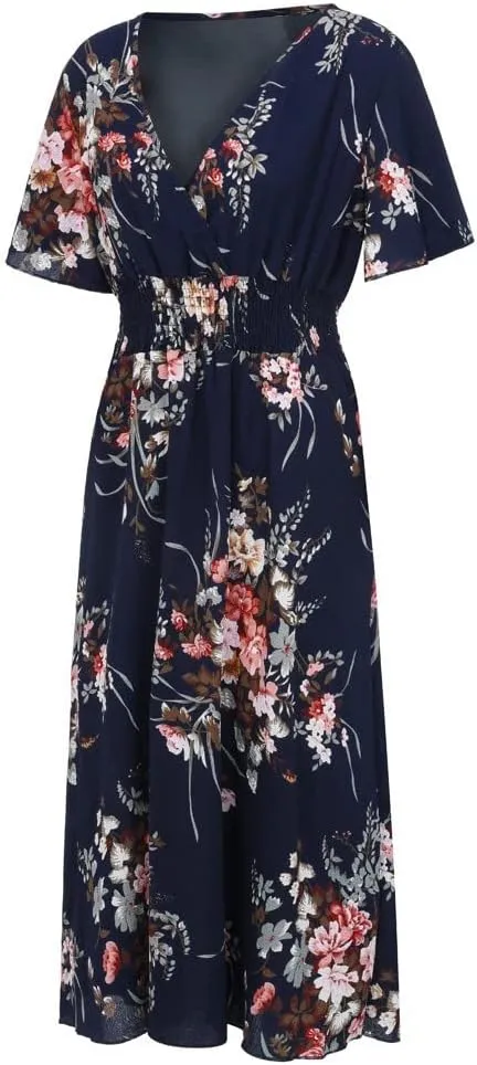 DASAYO Plus Size Dresses for Curvy Women Floral Maxi Dress Short Sleeve Wrap V Neck Ruffle Long Sundresses