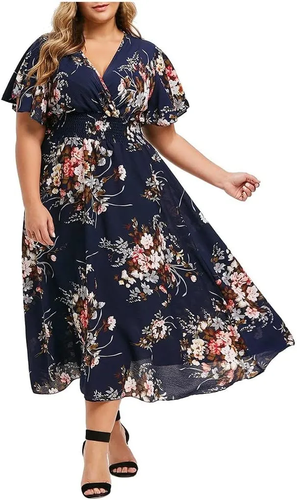 DASAYO Plus Size Dresses for Curvy Women Floral Maxi Dress Short Sleeve Wrap V Neck Ruffle Long Sundresses