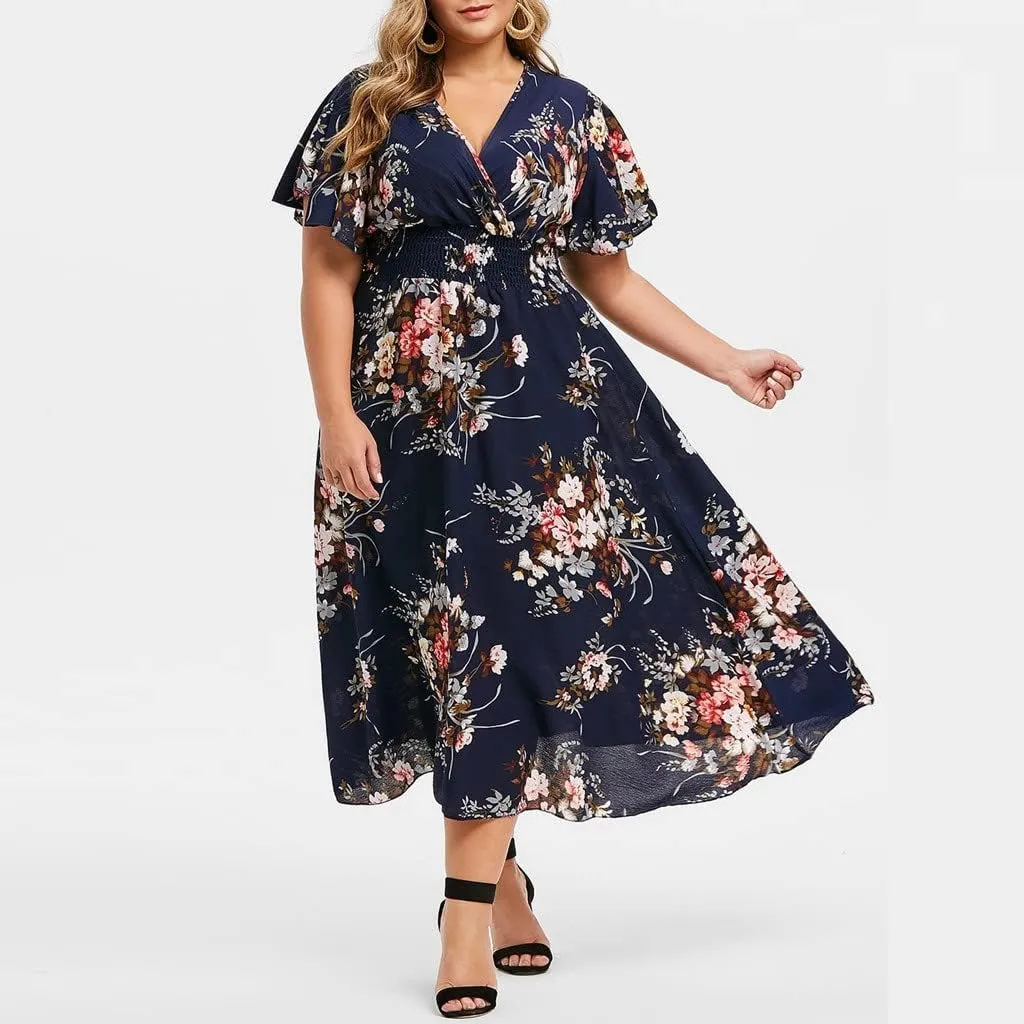 DASAYO Plus Size Dresses for Curvy Women Floral Maxi Dress Short Sleeve Wrap V Neck Ruffle Long Sundresses