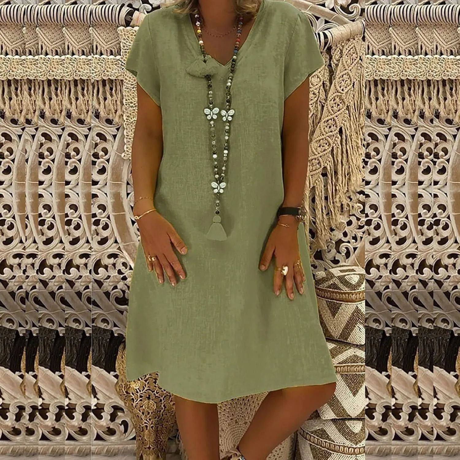 DASAYO Short Sleeve Tshirt Dresses for Women V Neck Solid Color Linen Dress Loose Fit Knee Length Summer Dress Fashion 2025