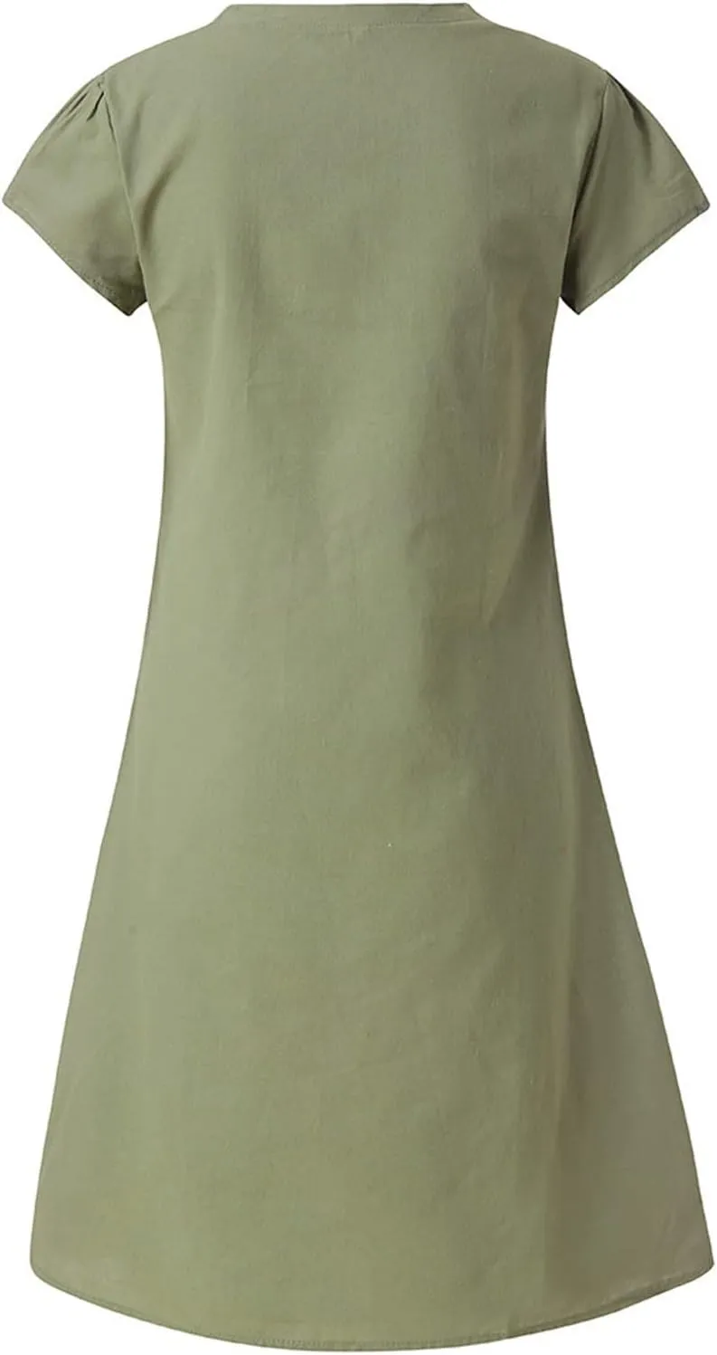 DASAYO Short Sleeve Tshirt Dresses for Women V Neck Solid Color Linen Dress Loose Fit Knee Length Summer Dress Fashion 2025