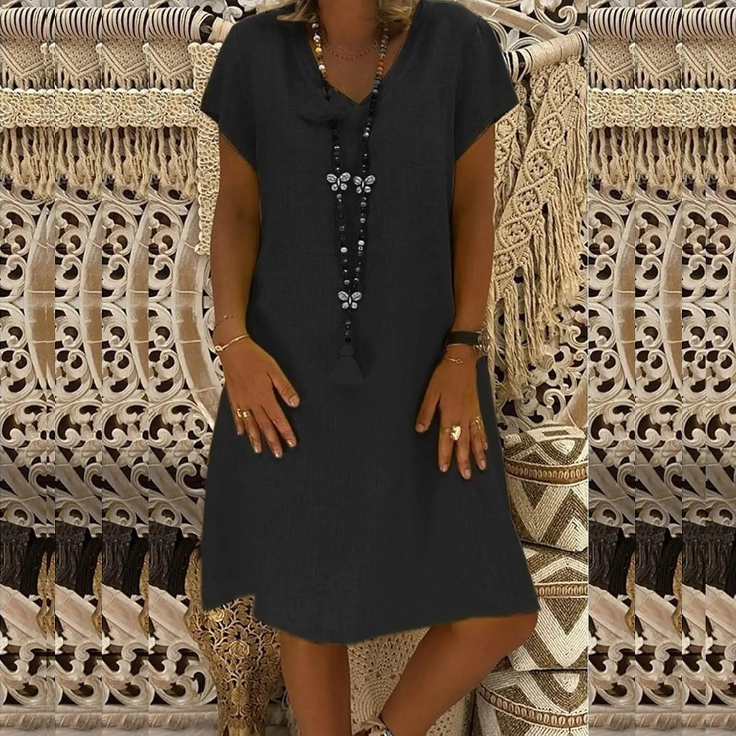 DASAYO Short Sleeve Tshirt Dresses for Women V Neck Solid Color Linen Dress Loose Fit Knee Length Summer Dress Fashion 2025