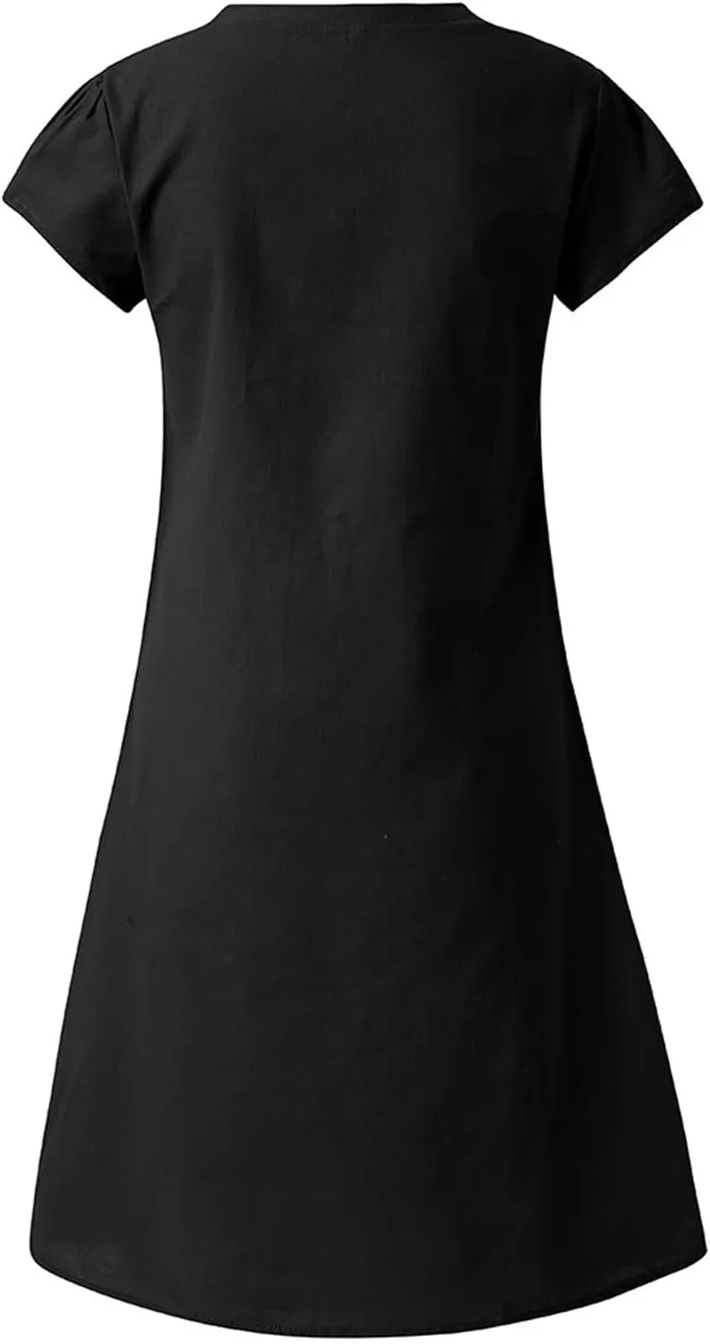 DASAYO Short Sleeve Tshirt Dresses for Women V Neck Solid Color Linen Dress Loose Fit Knee Length Summer Dress Fashion 2025