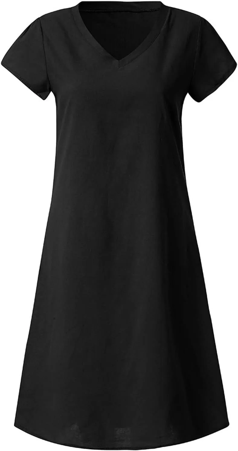 DASAYO Short Sleeve Tshirt Dresses for Women V Neck Solid Color Linen Dress Loose Fit Knee Length Summer Dress Fashion 2025