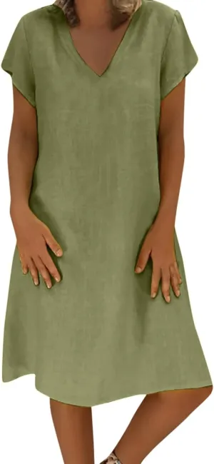 DASAYO Short Sleeve Tshirt Dresses for Women V Neck Solid Color Linen Dress Loose Fit Knee Length Summer Dress Fashion 2025