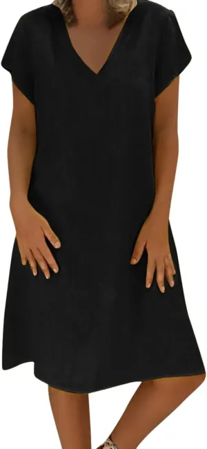 DASAYO Short Sleeve Tshirt Dresses for Women V Neck Solid Color Linen Dress Loose Fit Knee Length Summer Dress Fashion 2025