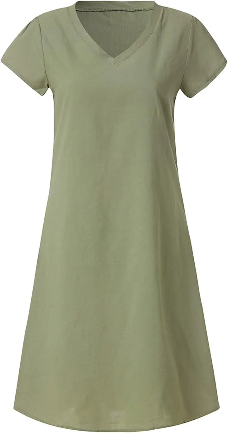 DASAYO Short Sleeve Tshirt Dresses for Women V Neck Solid Color Linen Dress Loose Fit Knee Length Summer Dress Fashion 2025
