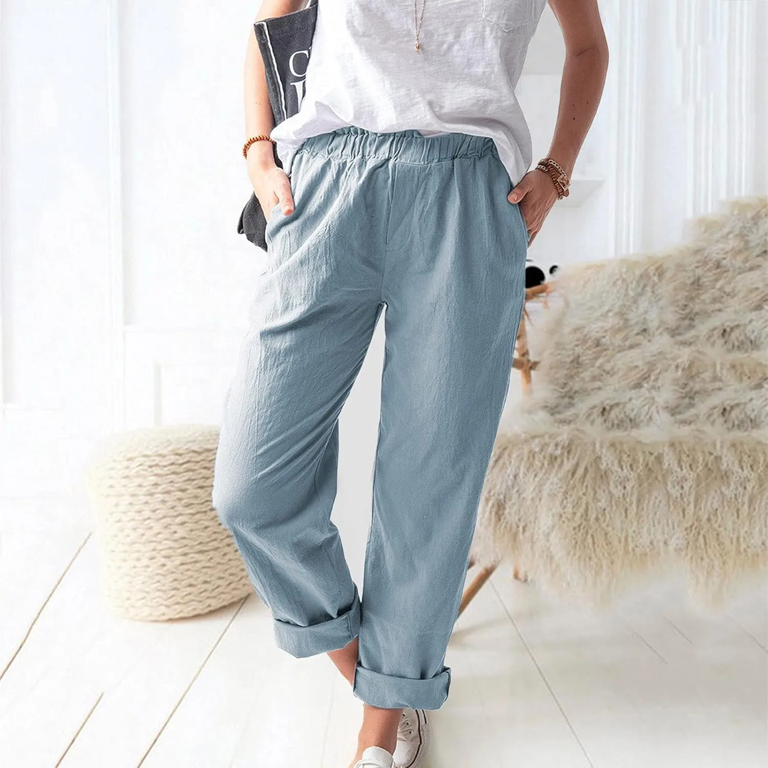 DASAYO Women's Elastic Waist Linen Pants Trendy Cotton Loose Fit Solid Casual Summer Lounge 2 Pockets Crop Straight Trousers