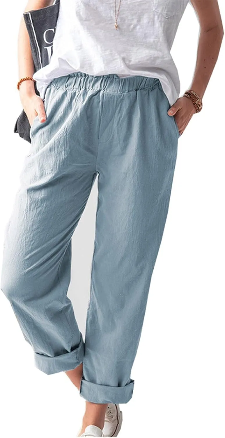 DASAYO Women's Elastic Waist Linen Pants Trendy Cotton Loose Fit Solid Casual Summer Lounge 2 Pockets Crop Straight Trousers