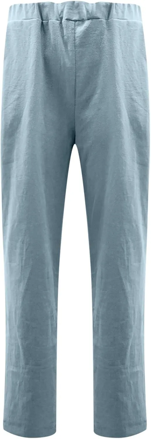DASAYO Women's Elastic Waist Linen Pants Trendy Cotton Loose Fit Solid Casual Summer Lounge 2 Pockets Crop Straight Trousers