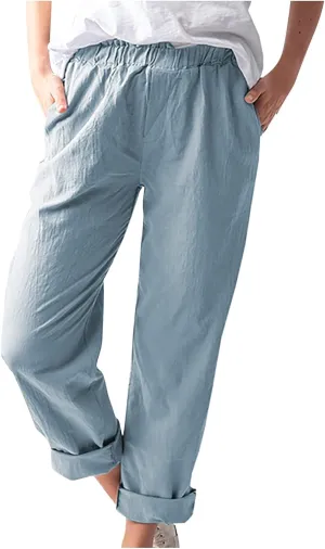 DASAYO Women's Elastic Waist Linen Pants Trendy Cotton Loose Fit Solid Casual Summer Lounge 2 Pockets Crop Straight Trousers