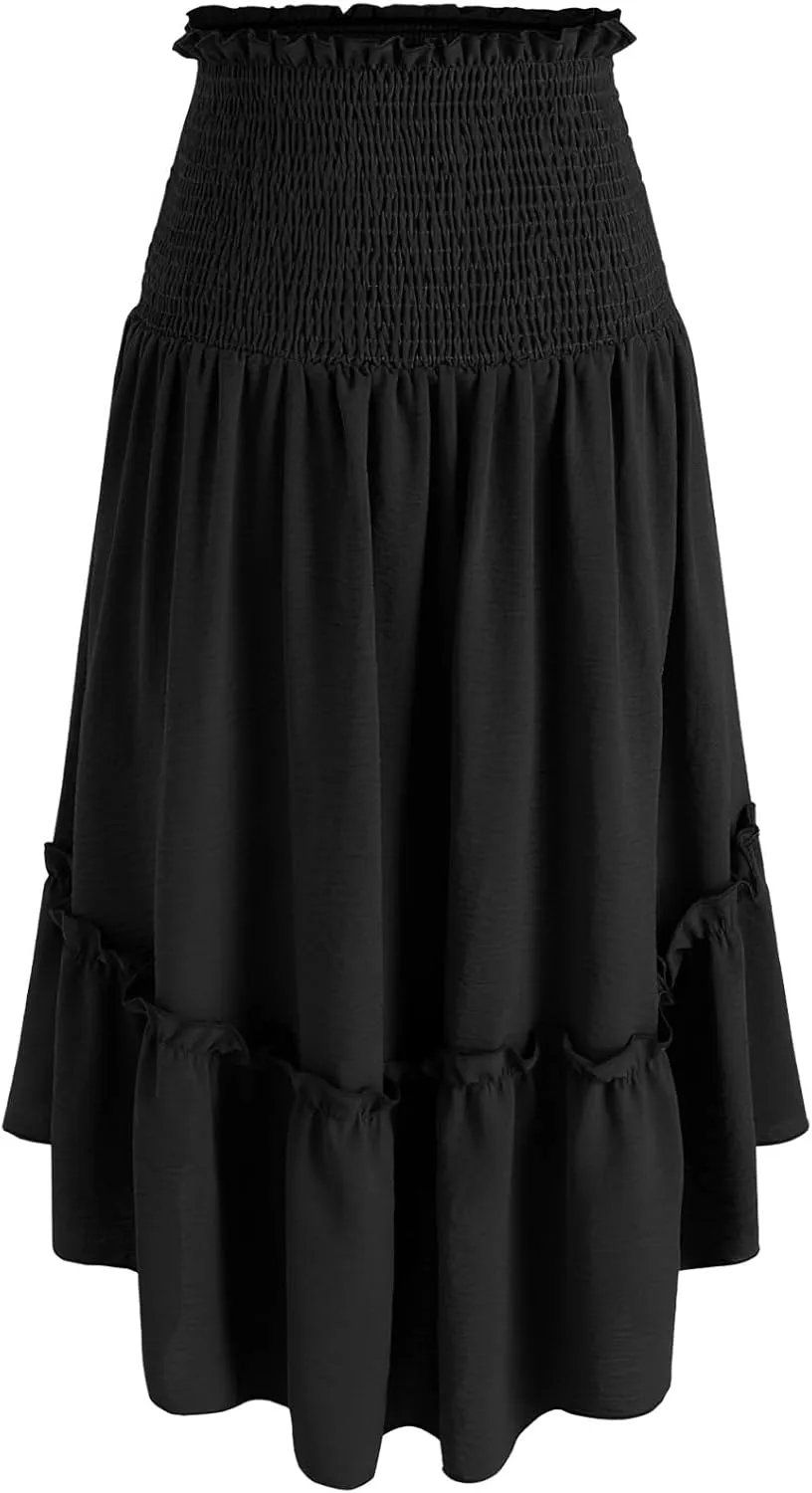 DDAPJ pyju Renaissance Midi Skirt Smocked Elastic High Waist A Line Skirts Ruffle Trim Flowy Skirt Pleated Casual Court Skirt