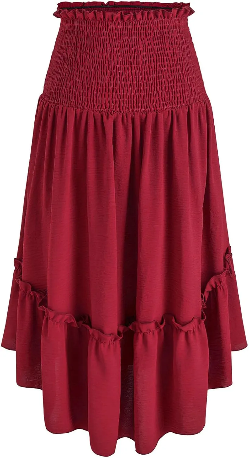 DDAPJ pyju Renaissance Midi Skirt Smocked Elastic High Waist A Line Skirts Ruffle Trim Flowy Skirt Pleated Casual Court Skirt